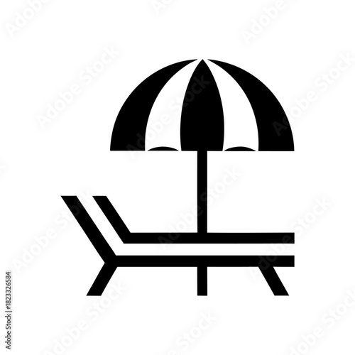 A minimal linear icon showing a poolside sun lounger under a simple umbrella.