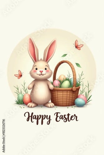 Cute easter bunny with basket of eggs and butterflies