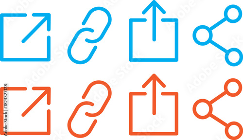 social media interface icon set in line style, share, message, thumb and save simple Link, share link, Love, speech bubble, paper plane, favorite sign collection,
