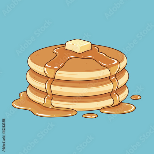 A stack of golden pancakes topped with melting butter and dripping maple syrup on a light blue background.