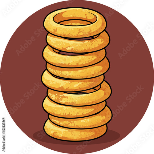 A cartoon illustration of a tall stack of golden-brown crispy onion rings on a dark red background.