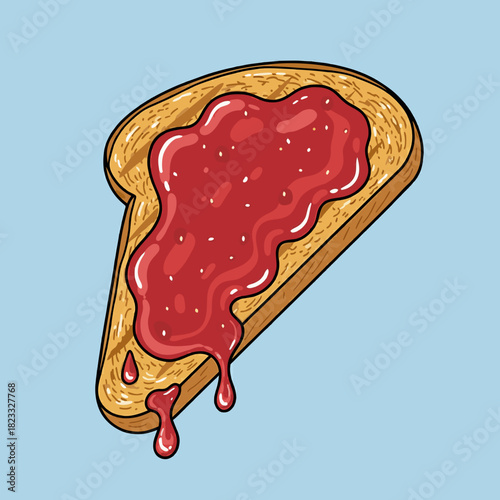 A cartoon illustration of a golden-brown slice of toast generously covered with dripping red strawberry jam on a light blue background.