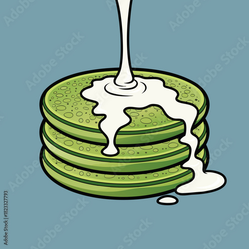A stack of three vibrant green pancakes with creamy white syrup drizzling over them, presented on a simple light blue background.