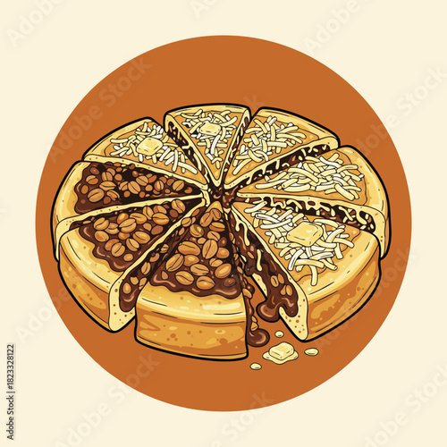 An illustration of a sweet pancake, known as Martabak Manis, cut into eight slices with various toppings including chocolate, peanuts, cheese, and butter, presented on a brown circular background.