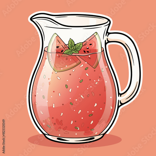 A vibrant cartoon illustration of a glass pitcher filled with refreshing watermelon juice, garnished with two watermelon slices and fresh mint leaves.