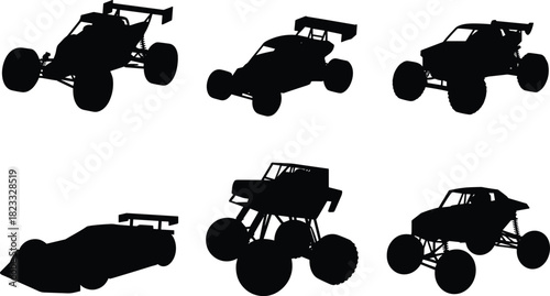 RC car silhouettes vector set, off road buggy, monster truck and racing vehicle black collection, hobby toy design set.