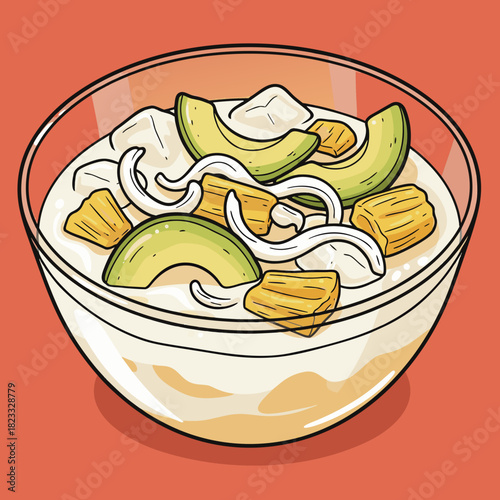 A bowl of creamy soup or stew topped with avocado slices, crispy plantain pieces, and white onion, presented on a vibrant background.