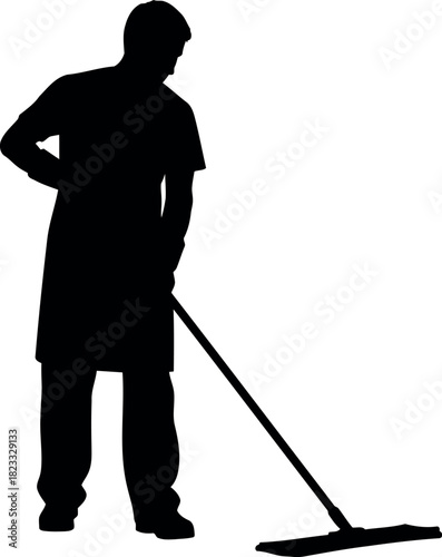 Silhouette of a person mopping floor, cleaning service worker