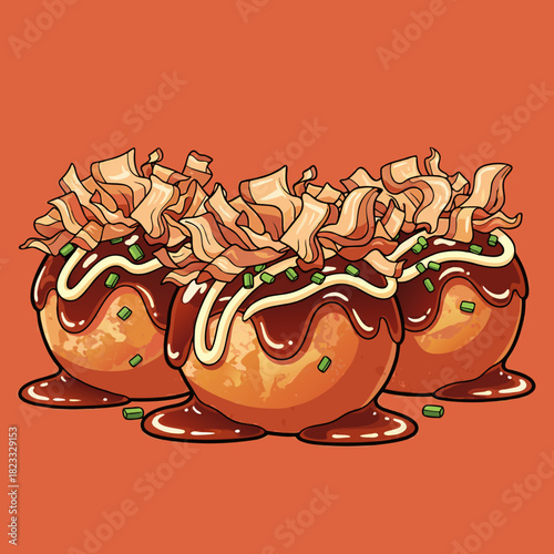 Three cartoon takoyaki balls with sauce, mayonnaise, green onions, and bonito flakes on an orange background.