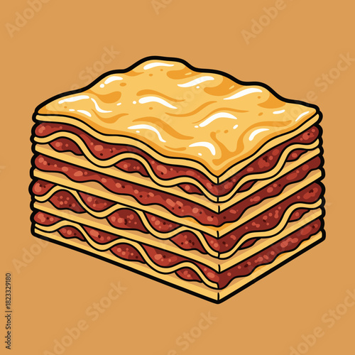 A cartoon illustration of a delicious layered lasagna slice with pasta, meat sauce, and melted cheese on a brown background.