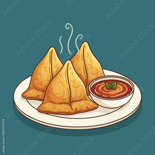 Three hot and crispy Indian samosas served with a bowl of spicy chutney on a white plate, cartoon illustration.