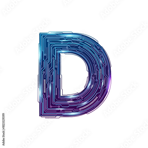 Letter D with a circuit board design in blue and purple.