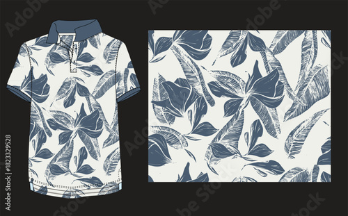 A stylish hand-drawn tropical foliage pattern designed for polo T-shirts, featuring textured leaf illustrations. Perfect for menswear, summer fashion, apparel printing, resortwear, and textile surface