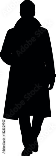 Man in long coat silhouette standing vector illustration graphic.