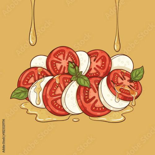 Illustration of a fresh Caprese salad with sliced tomatoes, mozzarella, basil leaves, and a drizzle of golden honey or olive oil.