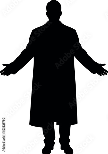 Man in long trench coat silhouette with open arms, welcoming