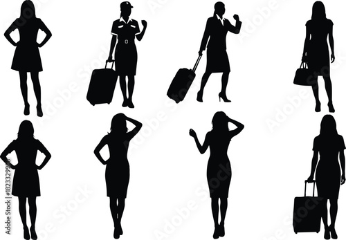 Woman silhouettes vector set, flight attendant and businesswoman poses, black figures holding luggage, travel and career isolated collection design.