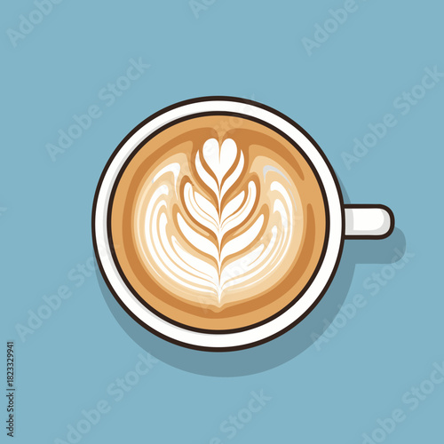 A top-down view of a white coffee cup with intricate latte art featuring a heart and leaf patterns on a light blue background, in a flat vector illustration style.