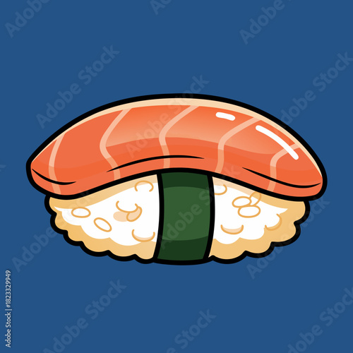 Cartoon illustration of a single piece of salmon nigiri sushi with a vibrant orange fish slice on white rice and a dark green seaweed band on a blue background.