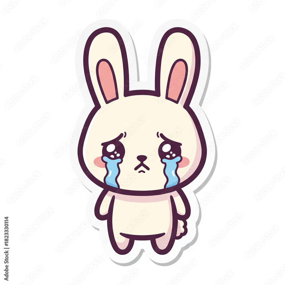 Obraz premium soft and adorable kawaii bunny with a sad expression, drawn in a cute chibi style. The gentle pastel colors and teary eyes create a heart–touching emotional vibe. Perfect for stickers, journals, plann
