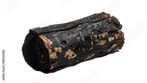Charred firewood log isolated on the transparent background for camping, bonfire, barbecue, survival, and rustic decor concepts