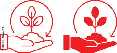 Two hands holding a small plant with leaves Icon Set. Growth Eco Tree Environment.vector illustrations vector sign. Symbol