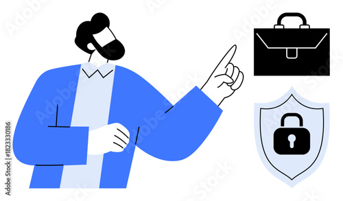 Person gesturing towards a briefcase and shield with lock image. Ideal for business, security, data protection, corporate strategy, financial safety, presentations, and management. Simple flat