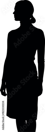 Full body silhouette of a woman standing, head turned to side