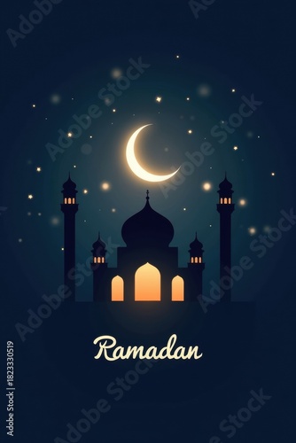 Ramadan kareem greeting with mosque and crescent moon at night