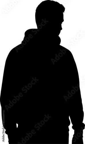 Silhouette of a person in hoodie, head tilted down, on white