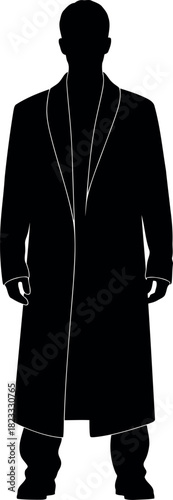 Male figure silhouette in long overcoat standing, full length
