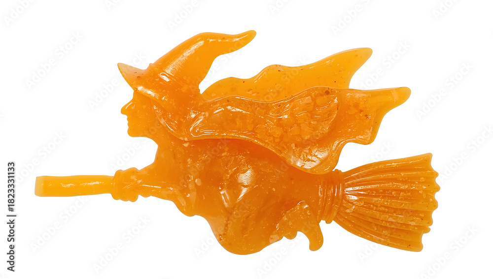 Fototapeta premium Halloween witch gummy candy on broomstick isolated on the transparent background, festive orange sweet treat for fall and holiday celebrations