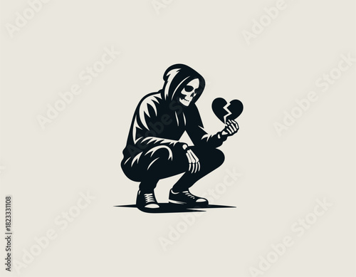 Stylized black vector graphic of a brooding hooded figure with a skeletal face crouching down while holding a distinctively cracked, broken heart in its visible bony hand.