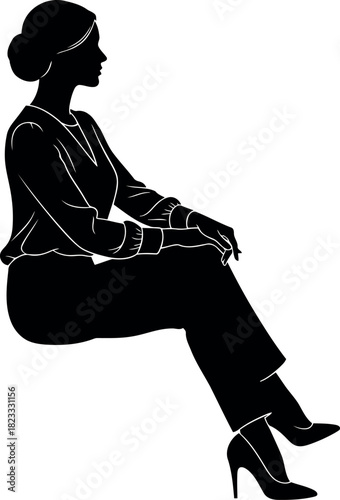 Elegant woman silhouette sitting in profile isolated on white
