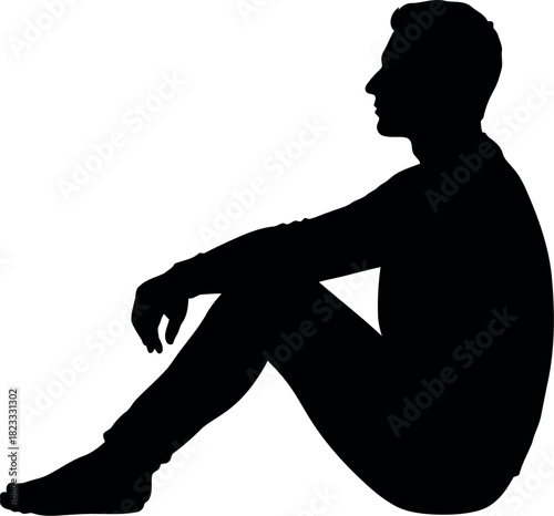 Man sitting on ground, looking sideways, pensive figure vector