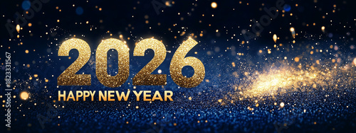 2026 Happy New Year — shiny gold numbers on a dark blue banner. An elegant festive banner with twinkling gold numbers 2026 and sparkling bokeh on a dark blue background. New Year 2026 