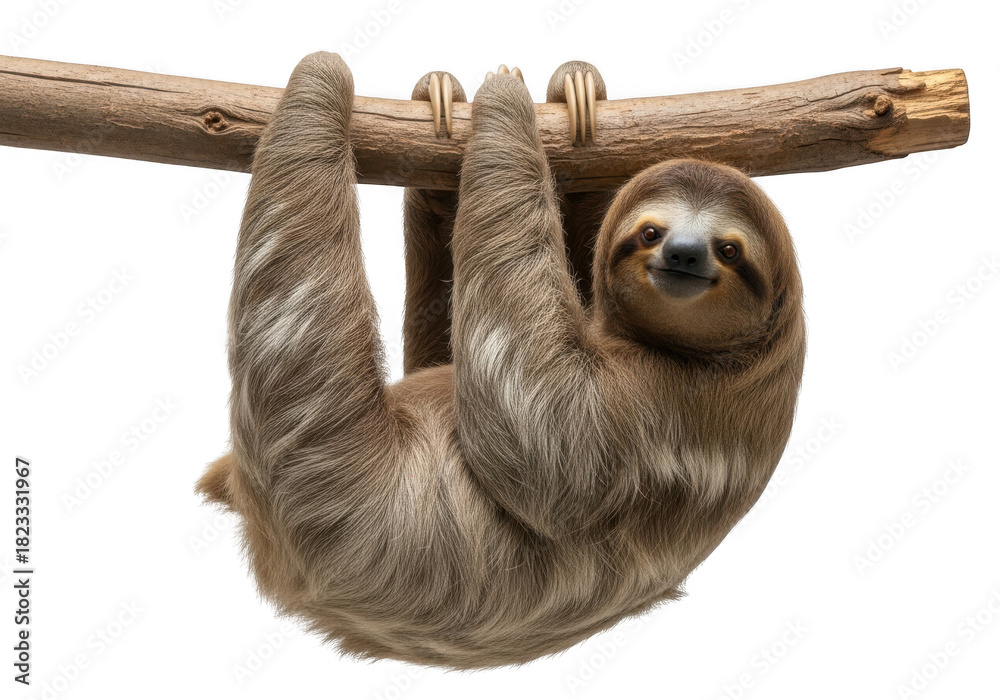 Obraz premium A sloth hanging upside down from a tree branch, isolated on transparent background