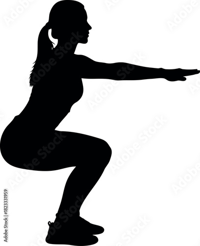 Woman silhouette doing a deep squat, fitness and body workout