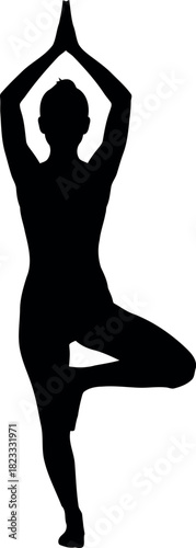 Female silhouette in tree pose yoga, promoting balance and wellness