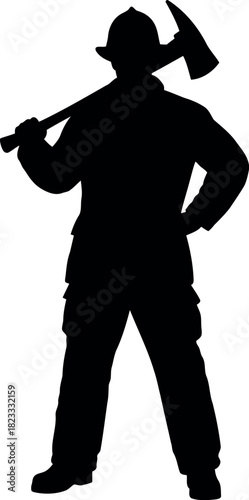 Firefighter silhouette holding axe heroically, standing ready