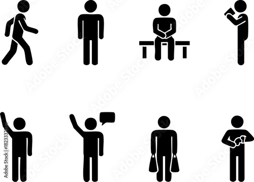 Comprehensive collection of diverse human pictogram icons illustrating various daily activities, communication, and movement, ideal for modern interface design and informational graphics