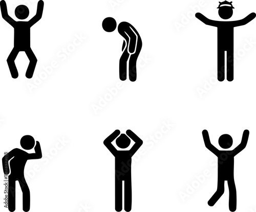 Set of six stick figure icons representing various human emotions and physical states, including celebration, sadness, and distress
