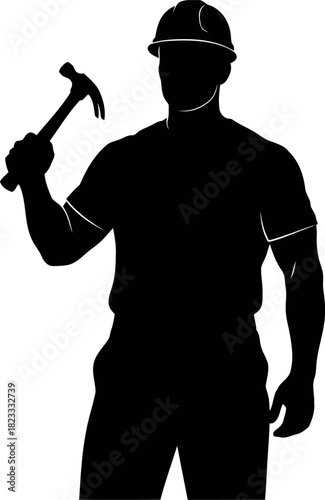 Construction worker silhouette holding hammer, hard hat, builder