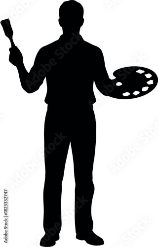 Artist silhouette holding paint brush and palette, art concept