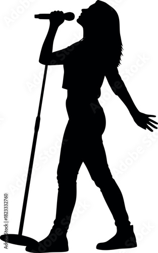Dynamic female singer silhouette performing with microphone music