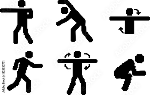 Set of Black Icons Depicting Various Exercise Poses and Workouts in a Simple Stick Figure Style