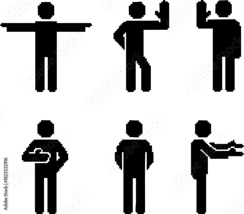 A set of six basic pixelated stick figure icons representing a person in various poses, gestures, and body language for communication