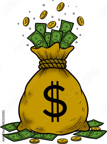 Hand drawn money bag illustration with a bold dollar symbol