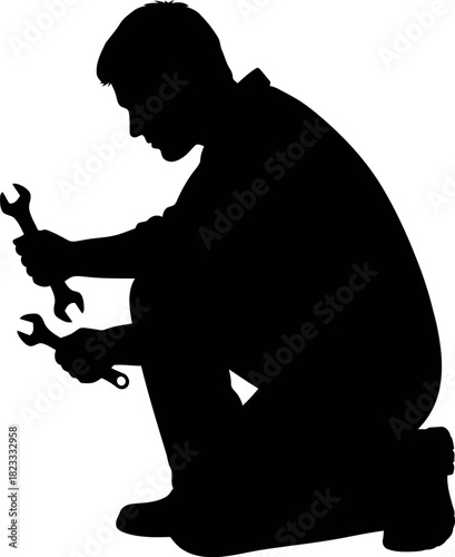 Mechanic or repairman working with tools, silhouette illustration