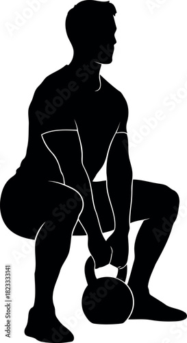 Man silhouette doing kettlebell squat, fitness exercise activity